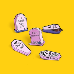 Five-piece set of pink Gothic punk enamel pins featuring coffin and tombstone designs