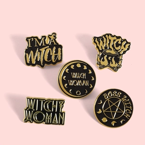Set of 5 black and gold enamel witch pins with pentagram and moon phase designs