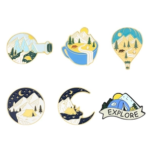 Set of six cartoon outdoor camping enamel pins with mountains, tent and moon designs