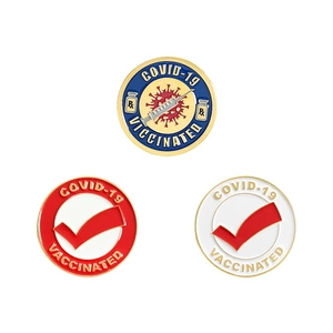 Creative COVID-19 Vaccinated enamel pins set in blue red and white medical design