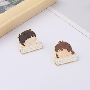 Minimalist enamel couple brooches with boys and girls figures and LET ME SEE lettering