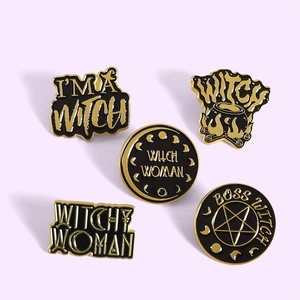 5-piece set of black and gold witch-themed enamel pins with moon and pentagram symbols