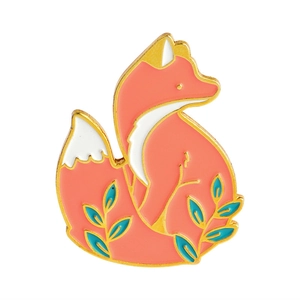 Exquisite enamel fox brooch pin in coral orange and blue with gold metallic outline