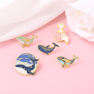 Cute cartoon whale and fox enamel lapel pins set in creative alloy metal design