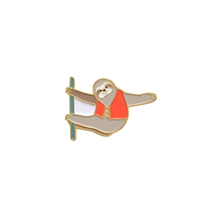 Cartoon sloth enamel pin with red vest and blue pole, made of gold alloy and enamel finish