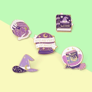Five-piece purple witch hat and crystal ball enamel brooch set with gold plating