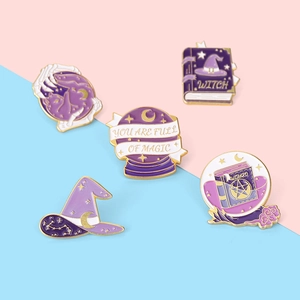 5-piece purple wizard enamel pin set featuring witch hats and magic crystal balls
