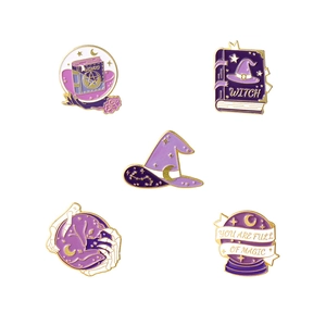 5-piece purple witch hat and magic book enamel pins set with gold plating for accessories