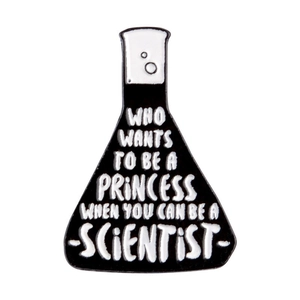 Black conical flask enamel brooch with white text about being a scientist