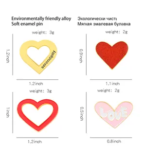 Size guide for heart enamel pins set made of eco-friendly alloy in various pink designs