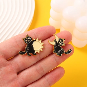 Creative black cat and moon sun enamel pin badges in punk style for clothing accessory