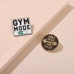 Gym Mode and No Pain No Gain enamel pin badges with barbell icon for fitness