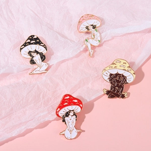 Lot de 4 épingles en émail de filles champignons mignonnes en rouge rose jaune et brun