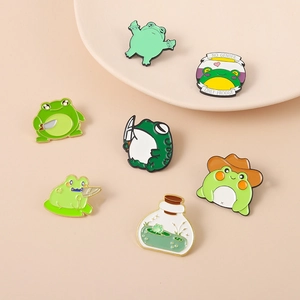 Cute green frog enamel pin set with 7 styles including cowboy hat and knife designs