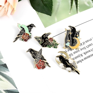 5-piece dark gothic crow and rose enamel pin set with gold alloy metallic finish