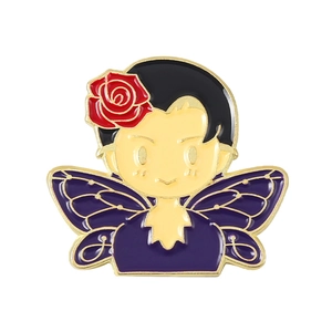Cartoon enamel pin featuring a boy with purple butterfly wings and a red rose detail