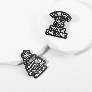 Cartoon science enamel pins featuring proton quotes for student backpacks and stationery