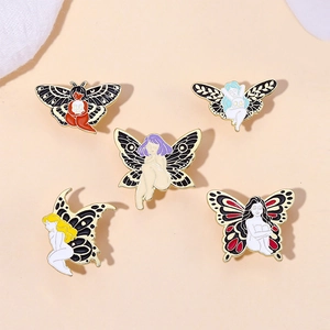 Detailed view of five artistic enamel butterfly brooches with female profile designs