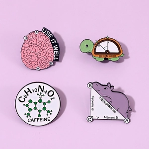 Macro shot of creative math and science enamel pins including a cute hippo triangle