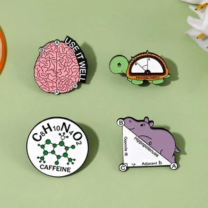 Set of creative math and science enamel pins including a brain and geometric animals