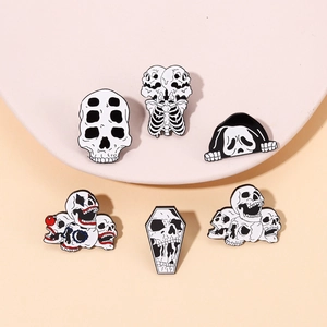 Set of 6 gothic horror skull enamel pins in black and white punk alloy style