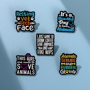 Five-piece veterinary enamel pin set with colorful slogans and medical tool designs