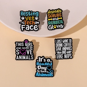 Five enamel pins for veterinarians with animal rescue quotes on a beige background
