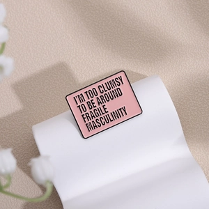 Feminist Slogan Alloy Enamel Brooch Clumsy Fragile Masculinity Pink Rectangular Badge Pin For Clothes Bag Unisex Jewelry Gift
