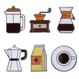 6-piece coffee enamel pin set featuring moka pot, french press, and grinder icons