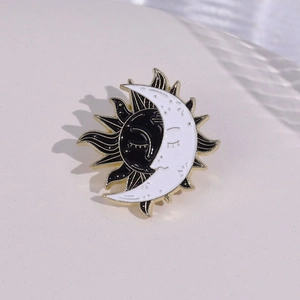 Creative sun and moon enamel brooch pin in gold metal finish for clothes and bags