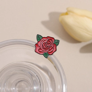Elegant red rose enamel brooch pin with green leaves for Valentine's Day gift accessory