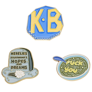 Three-piece funny enamel pin set including tombstone and K-B team metal badges