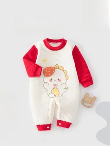 Detail of red quilted baby romper with cartoon embroidery and convenient snap buttons