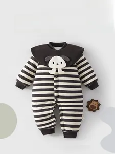 Detail of baby striped jumpsuit featuring embroidered puppy and wide contrast collar