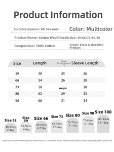 Size chart for 100% cotton baby rompers with detailed height and weight measurements