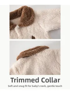 Detail of the soft wrapped neckline on a plush winter baby romper for extra warmth