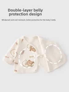 Infant cotton kimono top with double-layer belly protection and cute bear print