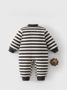 Back view of thick padded baby romper with classic black and white horizontal stripes