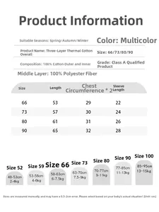 Size chart detail for padded cotton baby romper with precise measurements in centimeters