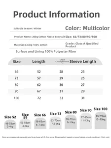 Detailed size chart for baby winter padded romper including length and chest measurements