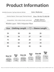 Detailed size chart for newborn thick padded cotton romper with height and weight guide