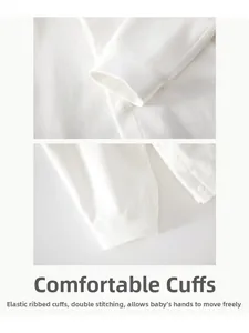 Detail of ribbed elastic cuffs and premium white cotton fabric on newborn romper
