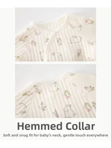 Close-up of baby romper neckline featuring quilted cotton fabric and tulip rabbit print