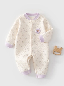 Barboteuse Matelassée en Coton à Manches Longues pour Bébé Imprimé Floral Jumpsuit à Boutons-Pression Automne Hiver Pyjama Chaud