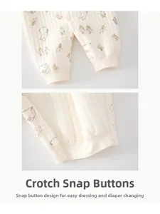 Detail of baby romper featuring snap button crotch, quilted cotton fabric, and rabbit print