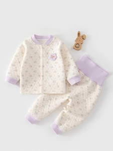 Baby Thermal Underwear Set Three Layer Quilted Cotton Floral Print Long Sleeve Top And High Waist Pants For Infants Toddlers