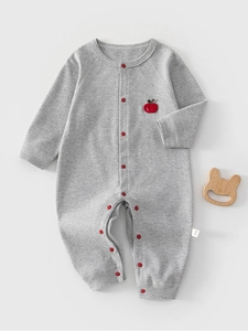 Newborn Baby Cotton Long Sleeve Romper Seamless Infant Jumpsuit Apple Embroidery Snap Button Autumn Footless Climbing Suit