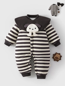 Unisex Infant Winter Padded Romper Long Sleeve Striped Jumpsuit Cartoon Puppy Warm Cotton Lining Newborn Footless Crawler Outfit