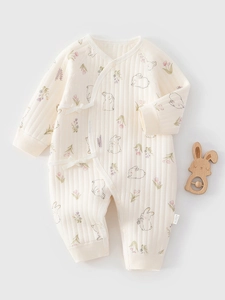 Newborn Baby Cotton Quilted Romper Warm Rabbit Floral Print Long Sleeve Side Tie Pajamas Thick Autumn Winter Jumpsuit