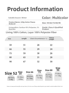 Detailed sizing chart for baby winter padded jumpsuit with fabric composition and measurements
